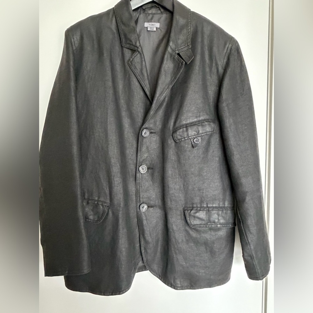 M0851 Black Waxed Cotton Blazer Leather Trim Men’s US S Designer Jacket